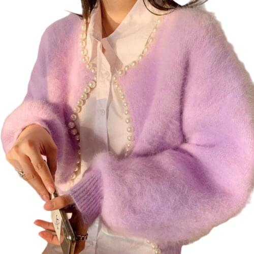 Retro Loose Thick Pearls Mohair Sweater Coat Warm Faux Mink Fur Knitted Cardigan Pullovers Coat Lantern Sleeve Crop Tops Sueter