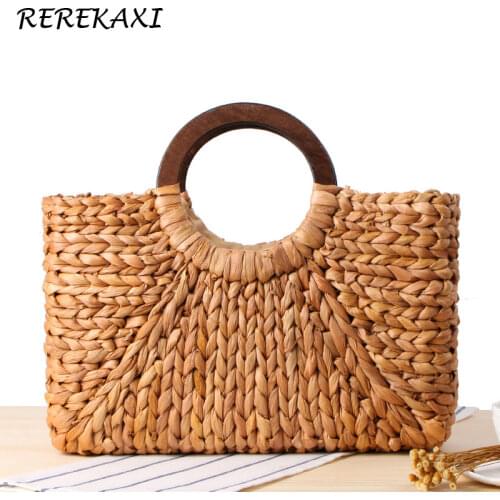 Bohemian Women Handbag Handmade Natural Straw Bag Weaving Summer Beach Bags Round Wooden Handle Female Tote Bag Basket