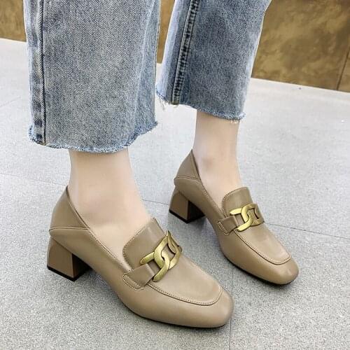Women Loafers High Heels Dress Shoes Metal Slip on Shoes For Woman Square Toe Pumps Ol Office Square heels Boat Shoes 9314G