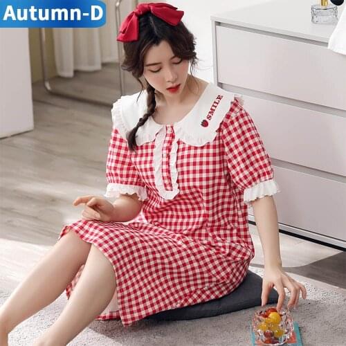 Womens Night Dress 100% Cotton Summer Nightdress Lapel Cartoon Embroidery Plaid Pattern Ngihtgown For Home Clothes Large Size