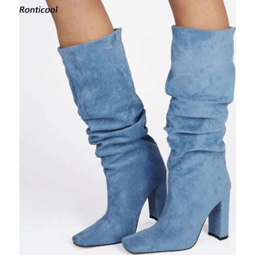 Ronticool Women Winter Mid Calf Boots Block Heel Square Toe Black Wine Red Blue Green Grey Beige Party Shoes Plus US Size 5-13