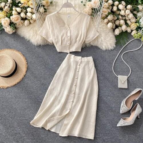 FTLZZ New Summer Women Casual V Neck Single Breasted Crop Tops High Waist A-line Solid Color Skirt Two Piece Set
