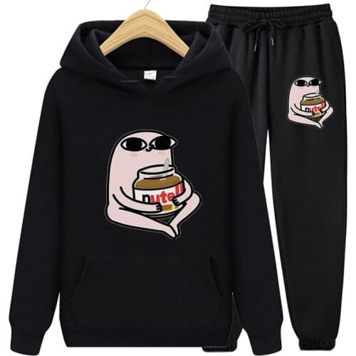 2021 Fashion Autumn Wintersuit 90s Two Piece Set Women Nutella Print Black Pullovers Hoodie And Fitness Casual Pants Female Suit