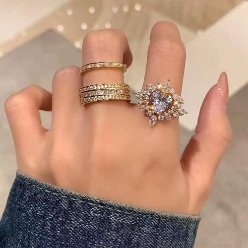 MENGJIQIAO New Delicate Cute Micro Paved Zircon Heart Rings For Women Girls Fashion Finger Ring Party Jewelry Gifts