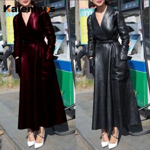 Kalenmos Womens Leather Coat Solid Color Lapel Pocket Coat 5XL Super Long Mesh Pu Suit Collar Coat Fall 2020 Women Clothing