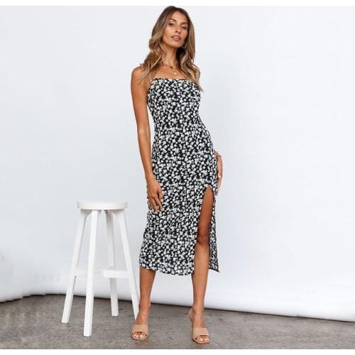Vintage Floral Dresses For Women Summer 2021 Office Lady Sexy Spaghetti Strap Split Womens Long Dress Black Vestido De Mujer