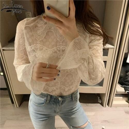 2021 Spring New Lace Bottoms Shirts Women Long Sleeve Hollow Out Korean Clothes Fashion Thin Mesh Top Female 12611