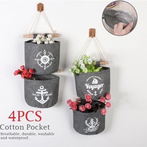 4Pcs Storage Hanging Bag Gray Cotton Linen Pocket Wall Door Washable Debris Closet Storage Bag Bedroom Dormitory Hanging Basket
