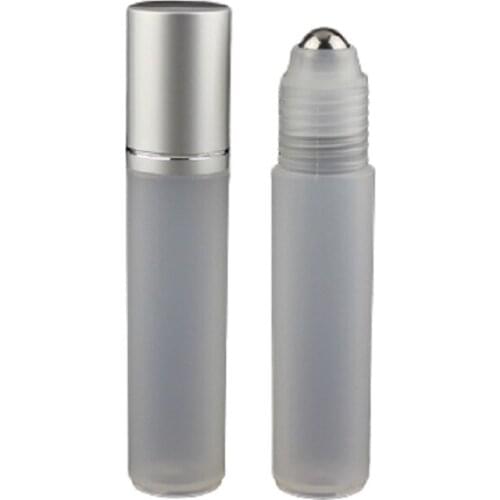 10ML Roll on Bottle Silver Lid Steel Bead Ball Empty Perfume Cosmetic Packaging Matte Frost Plastic Roller Bottles 50pcs