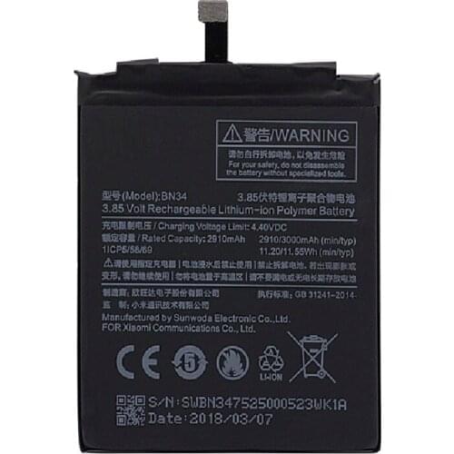 Phone Battery BN34 For Xiaomi Redmi 5A 5.0" Replacement Battery 2910 mAh High Capacity Phone Batteries+Tools