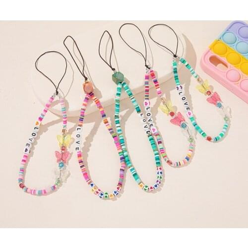 Boho Color Polymer Clay Cell Phone Chains Women Fashion Letter Beads Butterfly Chain Belt Telephone Strap Jewelry Couple Gift