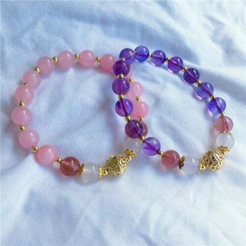 Natural Amethysts Gem Stone Beads Bracelets Bangles Women Rose Quartz Gold-plated 925 Silver Beads Healing Jewelry Love Gift