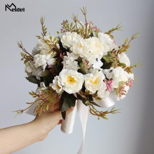 Meldel Wedding Bouquet Bride Flower Bouquet Artificial Silk Rose Peony Flower Daisy Buds Bridesmaid Sister Pink Wedding Bouquets