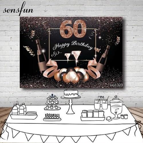 Sensfun Adult Birthday Party Backdrops For Photo Studio Glitter Black Rose Gold Champagne 60th Birthday Photography Backgrounds