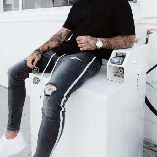 Men Casual Style Jeans Mid Waist Drawstring Biker Destroyed Frayed Slim Skinny Pants Side Stripe Stretch Trousers Streetwear
