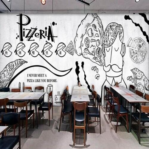 Photo wallpaper Hand painted black white mural pizza shop restaurant background wallpaper kitchen mural