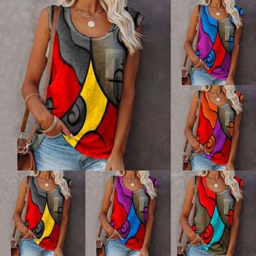 Summer Vintage Womens T-Shirts Colorblock Sleeveless Shirt Tops O-neck Pullover Tank Loose T T-shirt Tops Plus Size Casual T8H6
