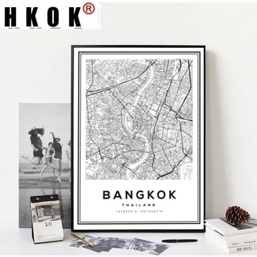 HKOK Modern Black And White Bangkok City Map Thailand Travel Canvas Painting Poster Print Wall Art Pictures Home Decor Unframed