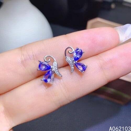 KJJEAXCMY 925 sterling silver inlaid natural Tanzanite women exquisite elegant butterfly gem earring ear stud support detection