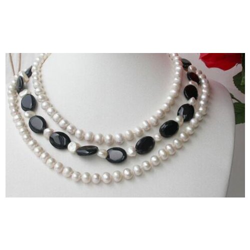 Beautiful Elegant 3strands 8-9mm FW pearl Black bead Necklace