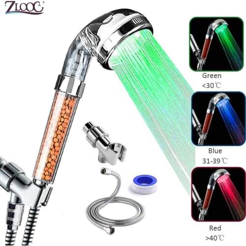 Zloog New Large Size 3 Color Changing LED Anion Spa Shower Head Temperature Control High Pressure Bathroom Shower head with Hose