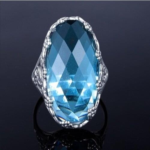 New Hot Sale European and American Fashion Oval Sea Blue Inlaid Ladies Banquet Ring Whole Sale Wedding