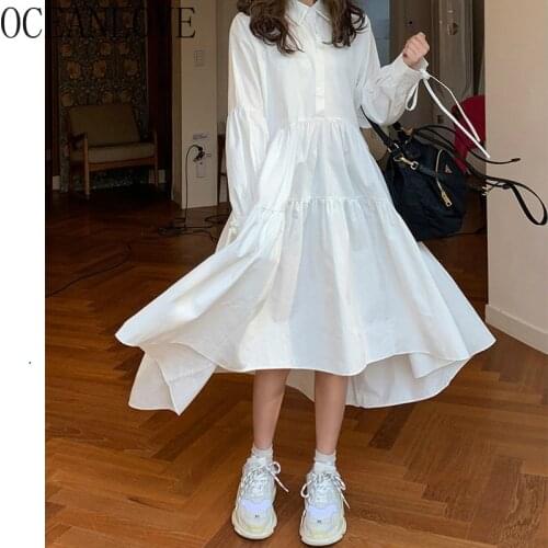 OCEANLOVE Shirt Dress for Women Clohting Solid White 2021 Spring Vestidos Vintage Elegant Long Sleeve Femme Robes Loose 19806