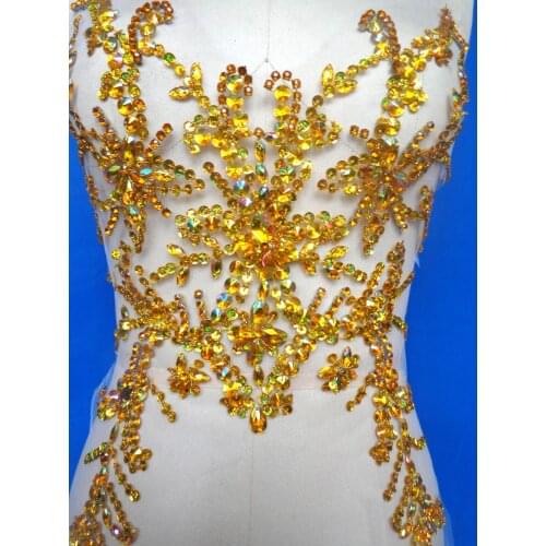 Pure hand made dazzling golden sew on Rhinestones applique trim sequins crystals patches 49*31cm dress accessory