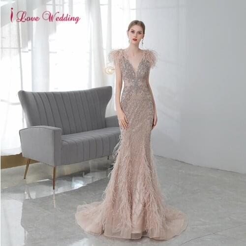 Luxury Heavy Beaded Evening Dresses Mermaid V Neck Feathers Rhinestones Women Formal Evening Gown for Wedding vestidos de fiesta