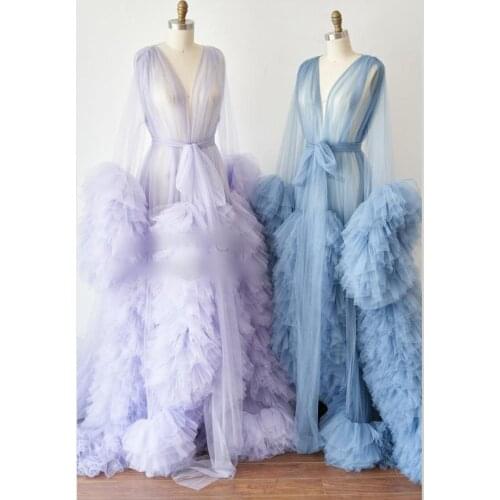 Chic Women Tulle Maternity Robs Long Sleeve Sheer See Through Fluffy Bridal Tulle Dress With Train Ruffles
