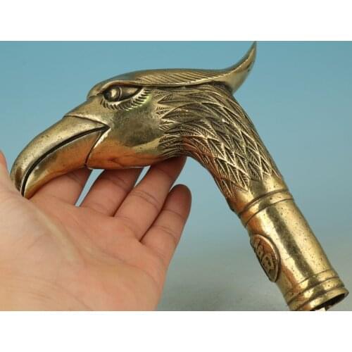 Old Brass Handmade Carved Parrot Collect Statue Walking Stick Head Statues
