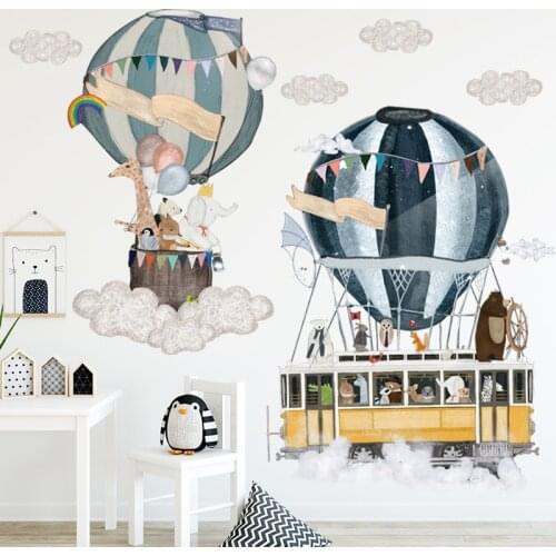 Cartoon Animal Hot Air Balloon Bus Train Wall Sticker For Kindergarten Childrens Room Living Room Bedroom Home Decor Wall Decal
