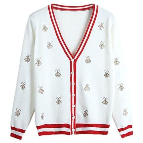 2020 autumn thin cardigan women embroidered Joker v-neck knitted cardigan color matching sweater women loose coat