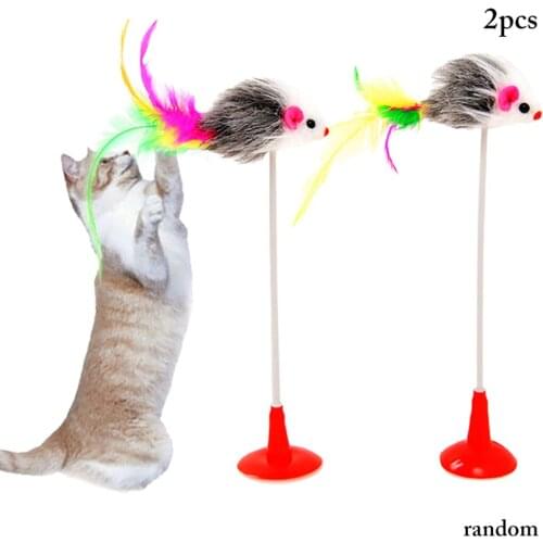 2pcs Pet Cat Toy Plastic Cat Toys Feather Funny Cat Mice Shape False Mouse Pet Products Bottom Sucker Elastic Cat Teaser Wand