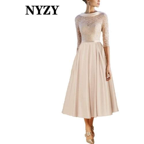 M345 NYZY Satin Tea Length Bowl Neck Lace Half Sleeves Champagne Mother of the Bride Dresses 2021 Cocktail Dress Evening Gown