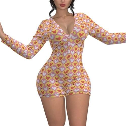 Spring Fall Cotton Body Rompers 2020 New Womes Long Sleeve Jumpsuits Night Clubwear V-neck Heart Print Skinny Bandage Playsuit