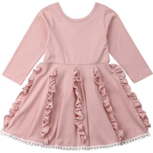 Girls Party Princess Dress Lovely Kid Baby Girl Back Lace Patchwork Cotton Dress Long Sleeve High Waist Ruffle Tutu Dresses 2-7Y
