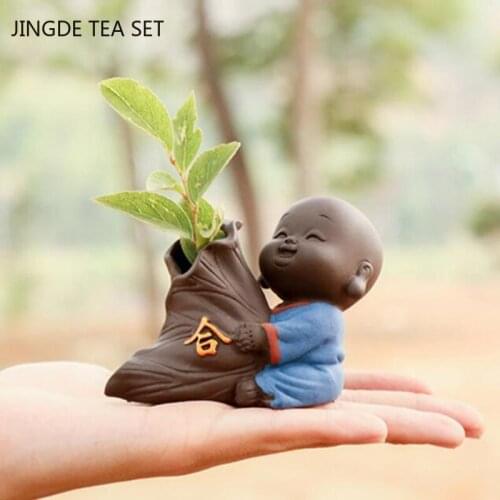 Creativity Handmade Purple Clay Tea Pet Desktop Flower Pot Buddha Monk Tea Figurine Ornaments Hydroponic Plants Tea Decoration