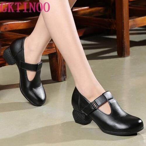 GKTINOO 2021 Vintage Women Pumps Comfortable Genuine Leather High Heel Shoes Women Buckle Strap Casual Thick Heels Single Shoes