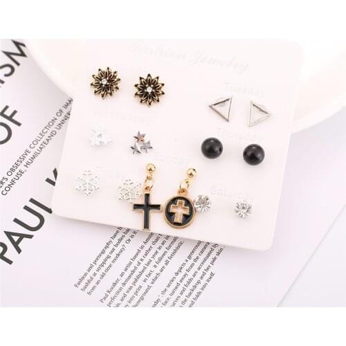 HTZZY New Fashion Geometric Cross Earrings for Women Stars Snowflake Crystal Flowers Stud Earrings Jewelry Gifts 7 Pairs/set