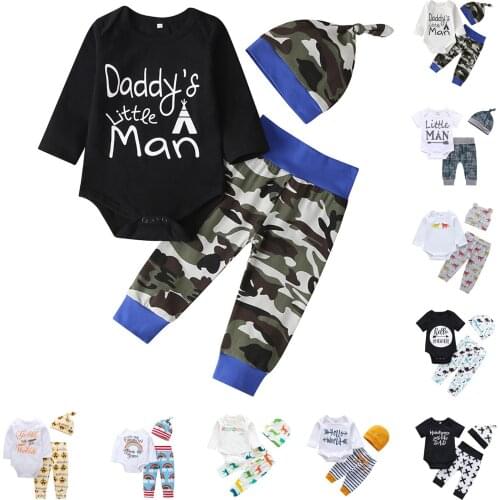 Baby Boys Sets Two Pieces Romper Long Pants Set Long-slevees Romper Tops Pants Hat Jumpsuits Camouflage Printing Outfits
