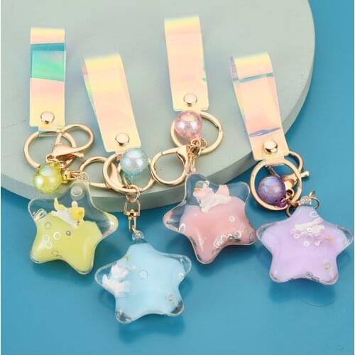 Creative Moving Liquid Quicksand Keychain Five-pointed Star Unicorn Jelly Floating Keyring for Women Charm Bag Pendant Kids Gift