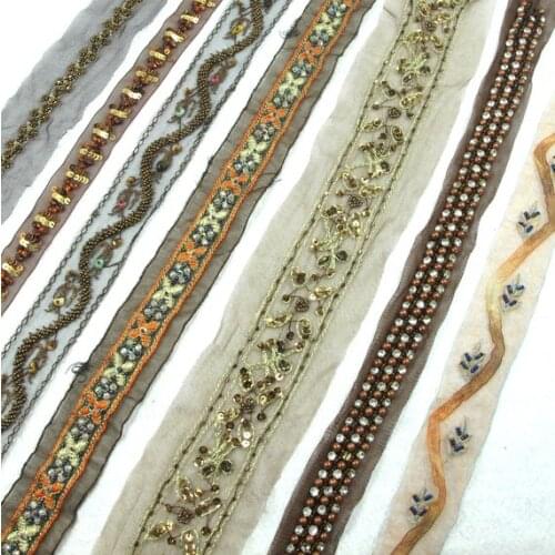 Brown Bead Sequined Hand Sewn Ribbon Trim|Embroidered Chiffon Trim|Vintage Decor Embellishment Costume Making DIY Supplies