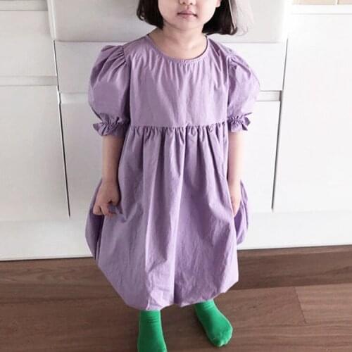 Summer Children Clothing Kids Dress Simple Temperament Round Neck Bubble Sleeve Solid Color Fluffy Girls Skirt Baby Girls Cloth