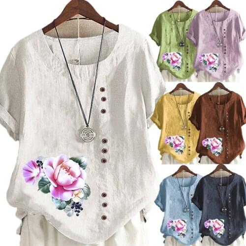 Summer New Womens Casual Floral Print Loose T-shirt Retro Round Neck Plus Size Short-sleeved Shirt S-5XL