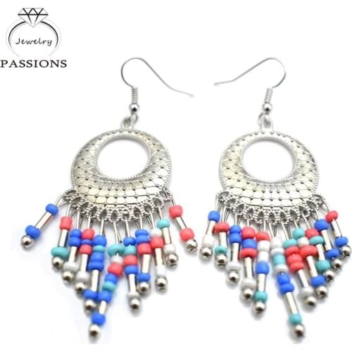 Hot Sale Bohemian Ethnic Colorful Bead Tassel Antique Silver Color Drop Earrings Women Jewelry Maxi Brincos Long Dangle Earring
