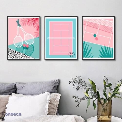 Minimalist Nordic Pink tennis court Wall Art Picture Cartoon landscape Canvas Painting for home office hotel Modern Home Decor
