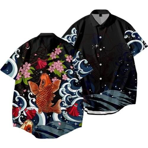 Hot Sale 2021 Mens Clothing Casual Fashion Black Carp Print Shirt Summer New Cardigan Short Sleeve Shirt