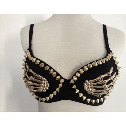 New Hot Sexy Bra Women Fashion Spike Stud Rivet Bra Gold Silver Lingerie Punk Party Wear Clubwear push up Bra for women Paw