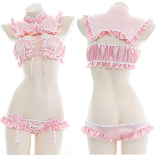 New Open Chest Strap Ruffle Sexy Underwear Retro Sweet Split Chinese Cheongsam Pajamas Maid Cosplay Costume Womens Suit